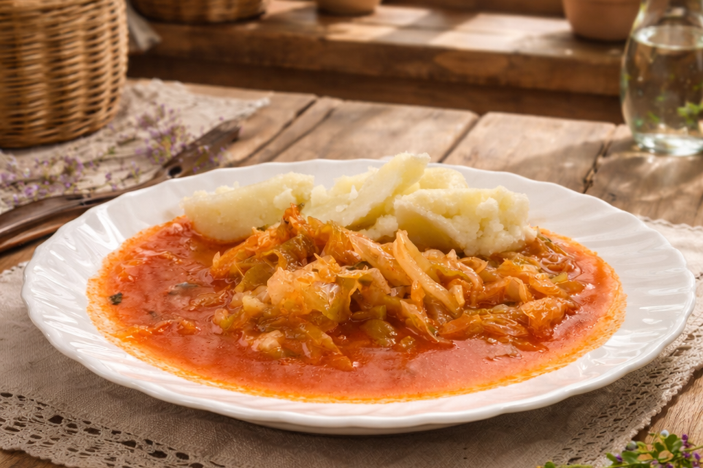 Friško zelje s paradajzom i pire krumpirom