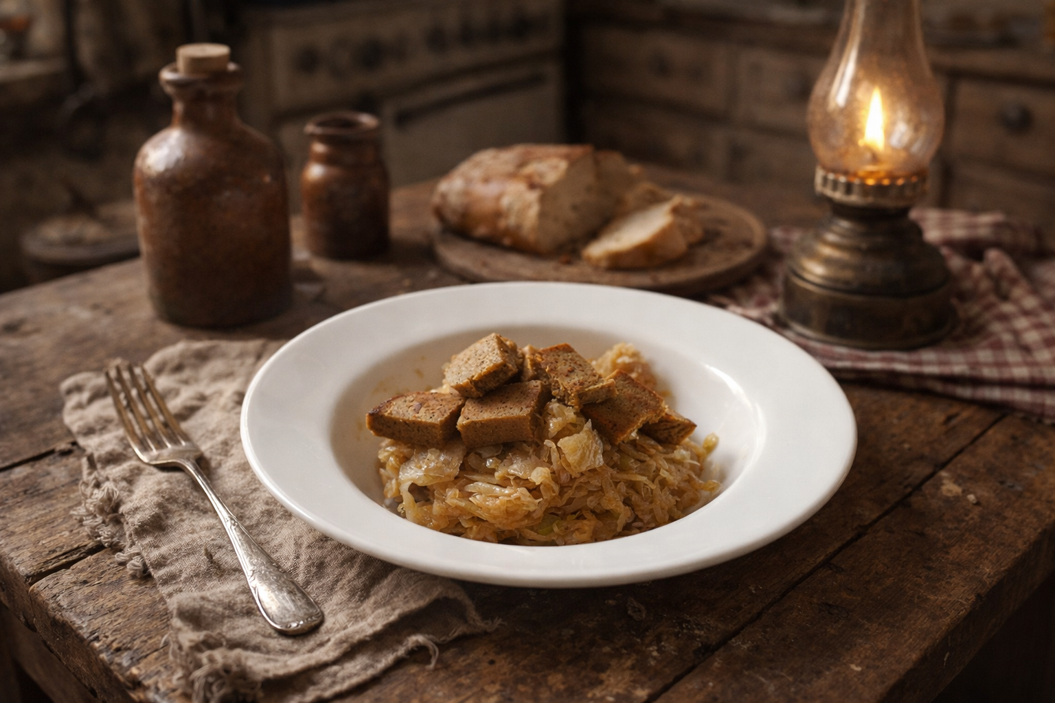 Rustic kitchen with sautéed sauerkraut